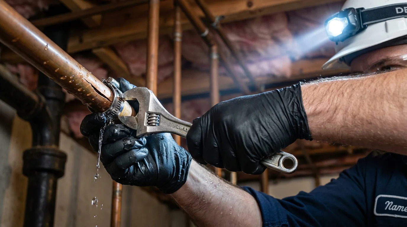 Emergency pipe clamp repair being performed by a Johns Plumbing LLC plumber in Geneva